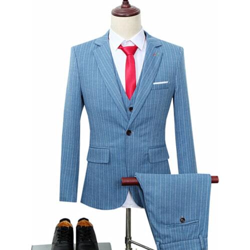 Mens Banquet Wedding Plus Size Three Piece Suit Blazer Vest Pants Set / Male British Style Vertical Stripe Jacket Coat Trousers