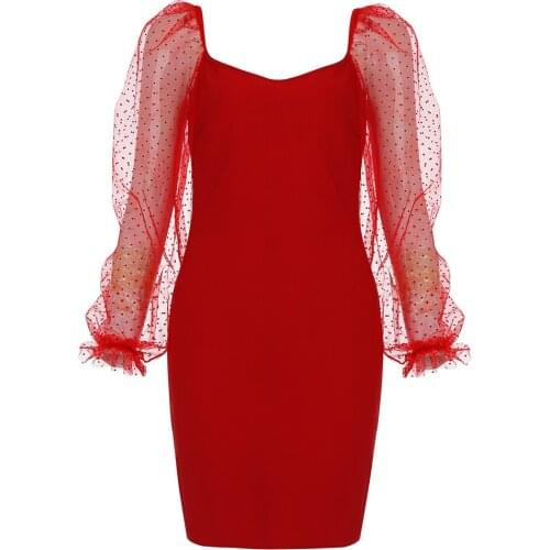 New Summer Women Dresses Ladies Clothes Bodycon Sexy Party Red Mesh O Neck Long Sleeve Dresses