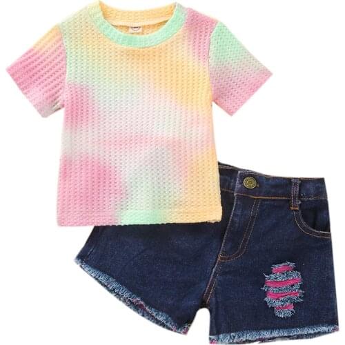 Infant Kids Baby Girls Casual Two-piece Clothes Set, Multicolor Tie-dyed Printed Pattern Short Sleeve Round Collar Tops Shorts