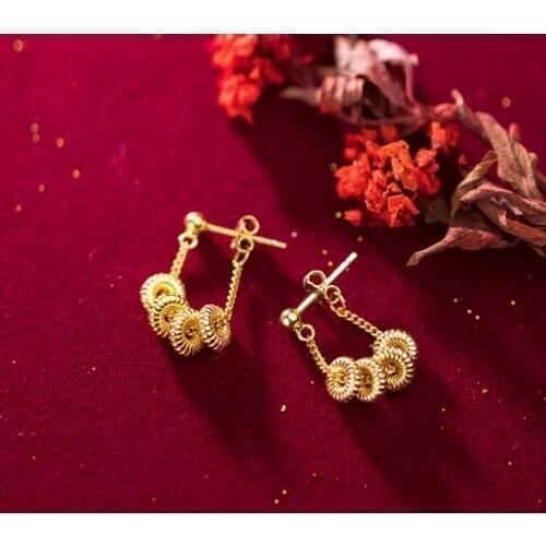 Real. 925-STERLING-SILVER pattern engraved Lucky Circle Tassel Dangle Earrings long GTLE2925