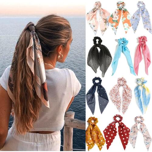 Fashion Chiffon Printing Long Scarf Ribbons Scrunchie for Women Hair Accessories Tie Ponytail Holder Elastic Hair Bands Headwear