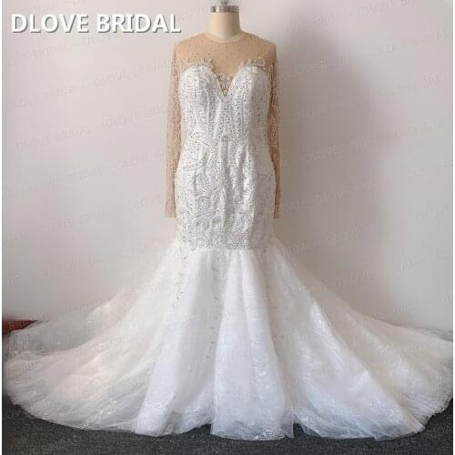 Luxury Heavy Beaded Wedding Dress High Quality Illusion Long Sleeves Bridal Gown Real Photos