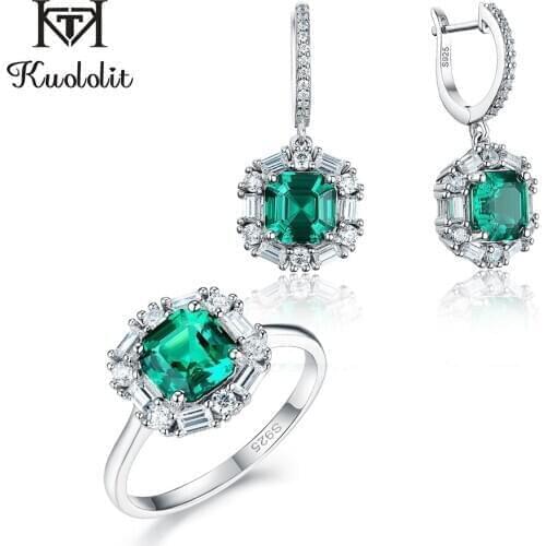 Kuololit Emerald gemstone Luxury Jewelry Set for Women Real 925 Sterling Silver Asscher cutting Ring Earrings for Bridal Gift