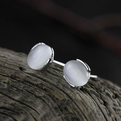 Vintage Boho Moonstone Stud Earrings Cute Female Small Oval Earrings Real 925 Sterling Silver Earrings For Women Wedding Jewelry