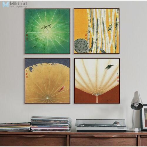 Vintage Retro Plant Flower Dragonfly Lotus Drawing Poster Print Oriental Living Room Wall Art Picture Home Decor Canvas Painting