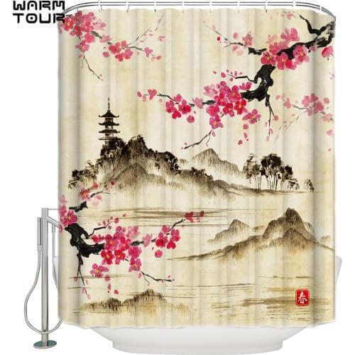 WARMTOUR Shower Curtain Chinese Ink Painting Waterproof Shower Curtain Bathroom Decor