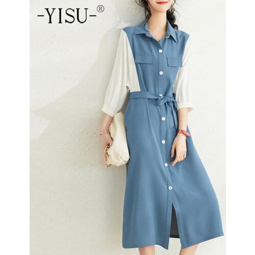 YISU Summer Women Dress Lapel Stitching color Knitted Dress 2021New Middle sleeve Knee-length skirt Casual Female Dress
