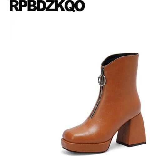 Front Zipper High Heel Square Toe Women White Platform Boots Chunky Ankle Big Size 10 Beige Goth 11 Vintage Zip Up Brown Shoes