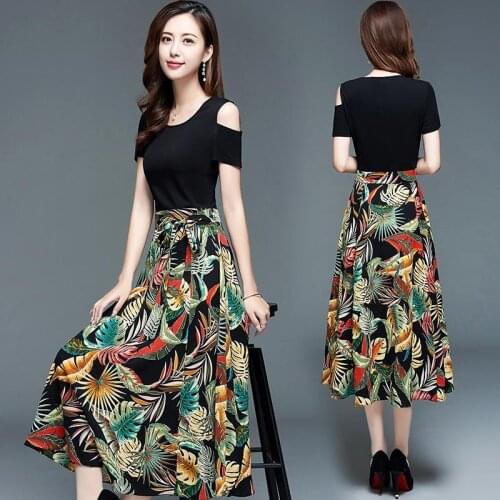 Women Dress 2021 New Summer Sundress Off Shoulder High Waist Slim Korean Print Knee Long Skirt Female Vintage Dresses Big Sizes