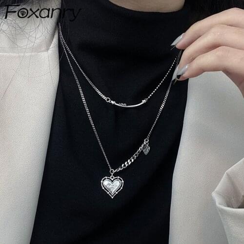 FOXANRY 925 Sterling Silver Sweater Necklace INS Fashion Vintage Hollow LOVE Heart Design Thai Silver Jewelry Girl Accessories
