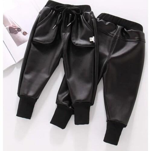 Winter Faux Leather Cargo Pants Childrens Pants Warm Boys Trousers Thicken Casual Cargo Pants Girls Trousers