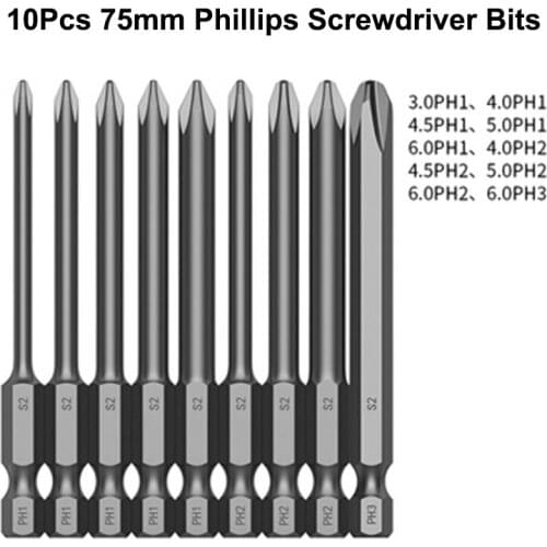 10Pcs Phillips Head Screwdriver Bits 100mm Long Cross Head Drill Bit S2 Security Phillips Head Bit Screwdriver with Magnetic Tip