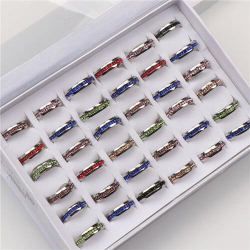 10pcs/lot Fashion Multicolor Single Row Rhinestone Silver Color Stainless Steel Rings For Women Men Party Gifts Jewelry