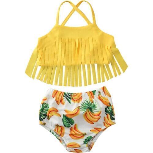2020 Summer Kids Baby Girl Swimwear Bikini Suit Tassel Tops Banana Print Shorts Swimsuit 2PCS