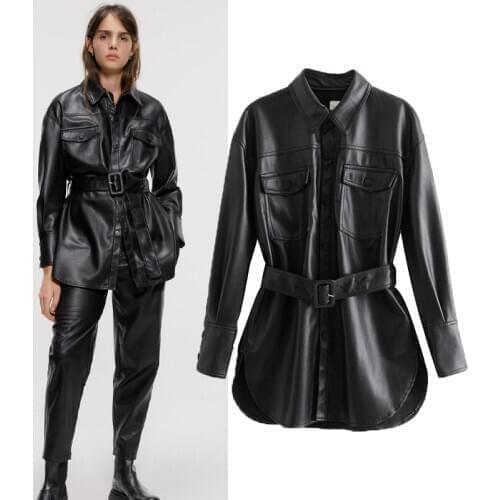 2020 autumn winter new pu Leather Loose Waistband zaraing-style za women 2020 sheining vadiming women female jacket