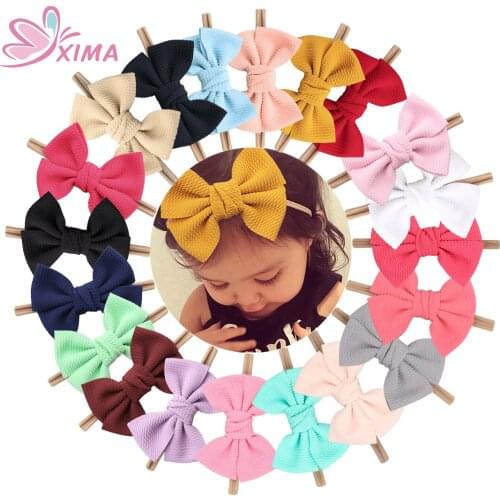 XIMA 20pcs/lot 4.5''Waffle Fabric Hair Bow with Nylon Headband For Girls Soft Solid Elastic Hairband Kids DIY Hair Accessories