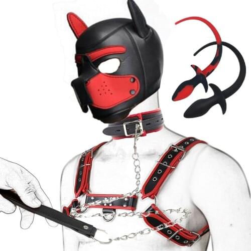 Bdsm Pet Role Play Party Masks Puppy Play Dog Hood Mask,Leather Mens Chest Harness Strap,Dog Tail Plug,Pup Neck Collar Sex Toys
