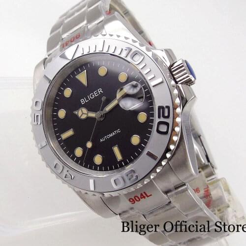 BLIGER Business Japan MIYOTA 8215 Movement Wristwatch Men Selfwinding Glide Lock Brushed Strap Yellow Hand Grey Insert Sapphire