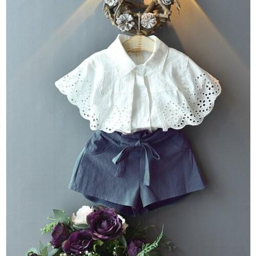 Princess Kids Girl Clothing 2PCS Clothes Set Lace Lapel Hollow Out Shirt and Solid Color Shorts Children Summer Outfits