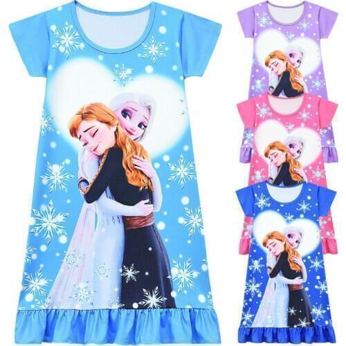 Frozen Elsa Robe Girls Dress Mid-length Summer Short-sleeved Cartoon Dress Childrens Home Pajamas Casual Dress