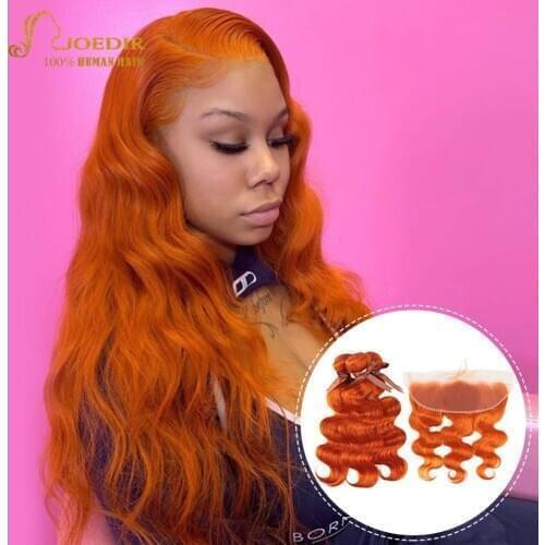 Joedir Orange Hair Body Wave Hair Weave Bundles With Frontal Brazilian Human Hair Frontal With Bundles Red Hair Lace Frontal