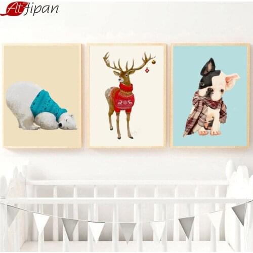 Atfipan Framed Deer Bear Dog Wall Art Canvas Painting Animal Posters And Prints Nordic Style Cartoon Picture For Kids Room Decor