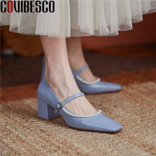 COVIBESCO Classic String Bead Mary Janes Women Pumps 2021 Spring Square Toe High Heels Genuine Leather Shoes Woman Office Party