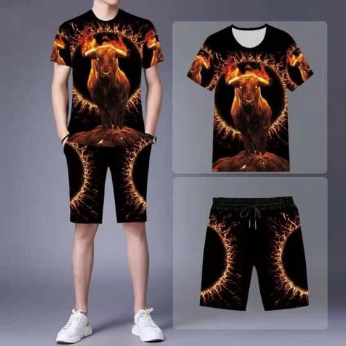 Carp print suit mens casual couple suit street casual wear summer round neck short-sleeved T-shirt shorts 2-piece set