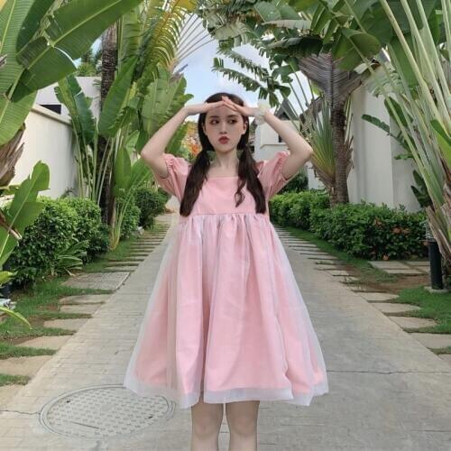 Fairy Sweet Salt Puff Sleeve Dress Summer Immortal Mesh Square Collar Midi Bubble Skirt Princess Dress lolita dress