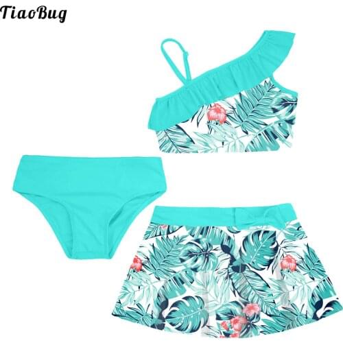 TiaoBug Summer 3Pcs Kids Girls Swimwear Asymmetrical Shoulder Strap Ruffle Trim Crop Tops With Skirt And Briefs Beach Swimsuit