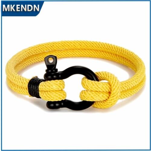 MKENDN Navy Style Men Women Marine Sailor Rope Nautical Shackle Bracelet Male Wrap Black Stainless Steel Metal Sport Hooks