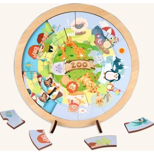 Cartoon Round Puzzles Montessori Toys Kids Wooden 3d Puzzle Educational Toys For Children Bracket Bricks Board Games Baby Toy