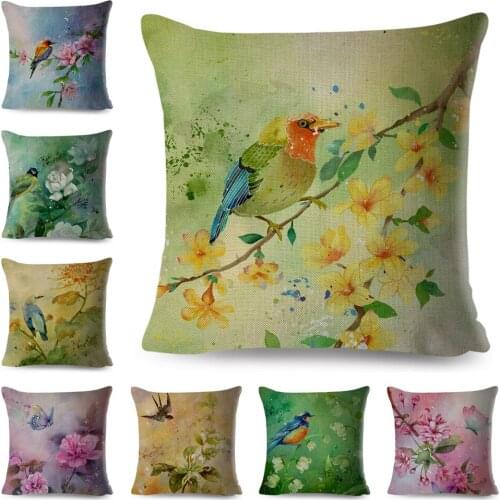Watercolor Flower and Birds Cushion Cover for Sofa Home Car Colorful Floral Animal Pillowcase Polyester Pillow Case 45x45cm