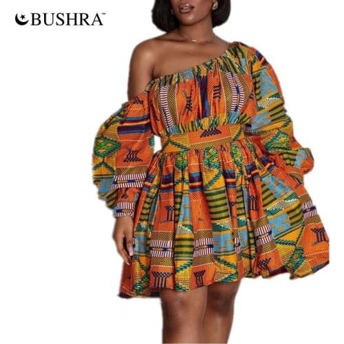 BUSHRA African Women Sexy Shoulder Off Mini Long Sleeve Dress Dashiki Tribal Printed Kanga Clothes Robe Africaine Femme 2021 NEW