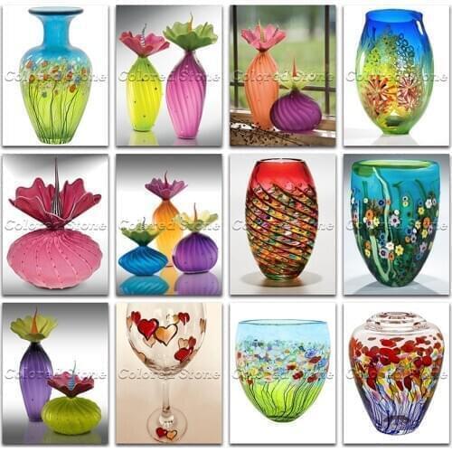 5D Full Square Diamond painting embroidery Cross stitch glass vase of flower arts 3D DIY Round Drill Drawing mosaic L017