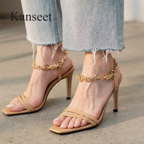 Kanseet 2021 New Arrival Womens Sandals Summer Genuine Leather Handmade Metal Chain Buckle Strap 9cm Super High Heels Shoes 41