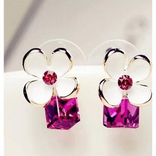 Rhinestone Blue White Flower Shaped Earrings White Rose Red Crystal Gold Color Zircon Stone Stud Earrings For Women Jewelry