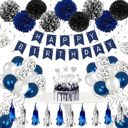 Fanhaus navy blue birthday decoration people balloon, included. Happy birthday banner blue silver confetti balloon paper pompons