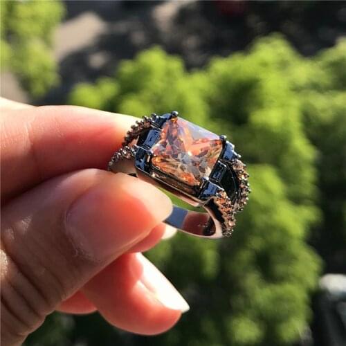 Punk Square Zircon Engagement Ring Vintage Female Champagne Crystal Stone Ring Charm 14KT Black Gold Wedding Rings For Women