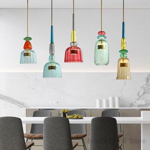 Stained Glass Led Pendant Lights Modern DIY Colorful Candy Hanging Lamp Dining Room Kitchen Cafe Fixtures Suspension Luminaire