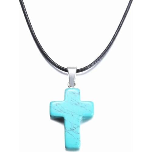 Yingwu Natural Stone Crystal Blue Turquoise Cross Pendant & Necklace Leather Chains For Men Women Fashion Jewelry 5pcs Lot