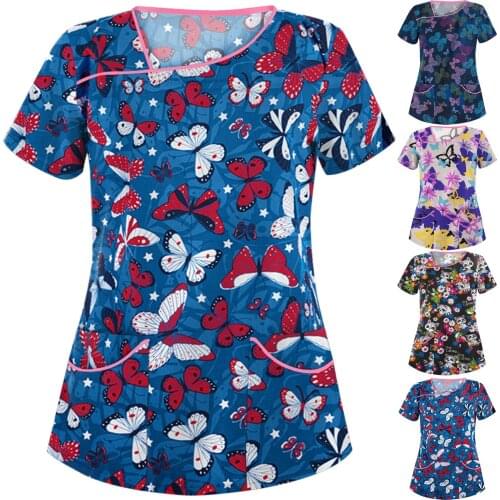 Women Fashion Animal Prints Short Sleeve V-Neck Tops Clinical Uniforms Women Blouse Shirt Cozy Nurse Uniform Protective Clothing
