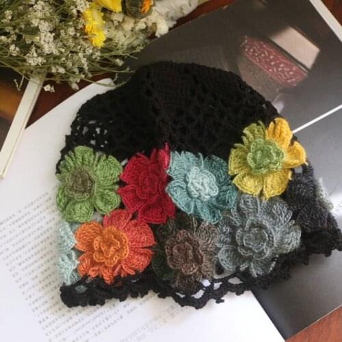 Womens knitted hat autumn and winter gradient color handmade crochet flower toe cap hat retro beauty elegant hollow painter hat