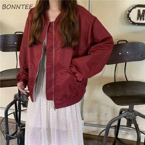 Women Basic Jackets Autumn O-neck Solid Long Sleeve Zipper Loose Korean Style Casual Preppy Style Outerwear Chic Teens Ulzzang