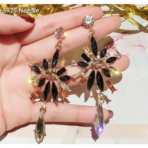 Real 925 Sterling Silver Needle Long Dangle Earrings for Women Jewelry Flower Barok Black Crystal Female Tassel Drop Earrings