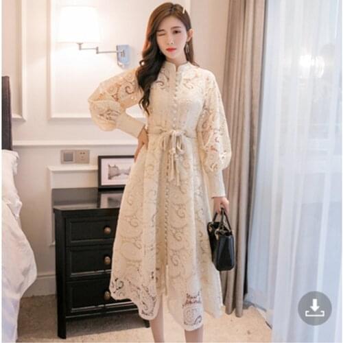 White Lace Hollow Out Women Stand Neck Lacing Long Dress Vestidos 2020 New Spring Designer Womans Lantern Sleeve Runway Dresses
