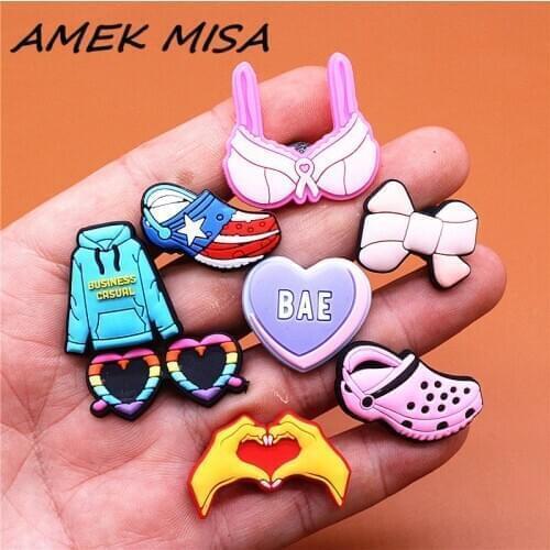 1pcs Blue Hoodie Shoe Charms Heart Shaped Glasses Sandals Bra Bow BAE Shoes Accessories Decoration Fit Croc Jibz Party Kids Gift