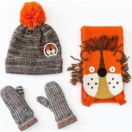 2016 Lion Embroidery Cotton Baby Hat +Scarf +Gloves Set Crochet Baby Beanies Kids Fall Winter Cap Handmade Windproof Earmuff Cap