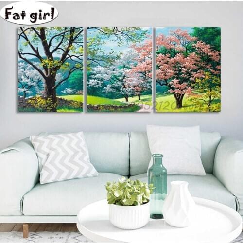 5D rhinestone diamond painting Colorful tree mosaic cross stitch natural scenery Spring beauty view embroidery kits square round
