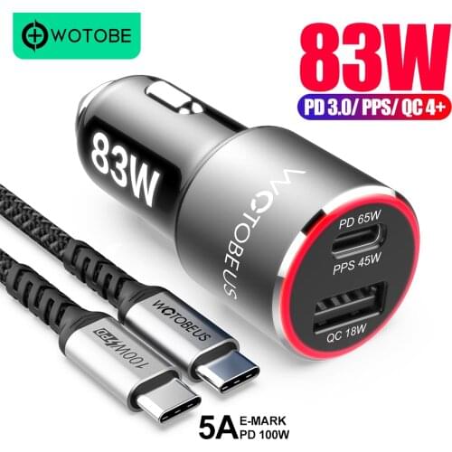 83W Car Charger,1port USB C PPS/PD 65W/45W/30W/18W,1port QC3.0/AFC for TYPE C laptop iphone11/SE S10/S20/Note 10 XPS 13/15/17